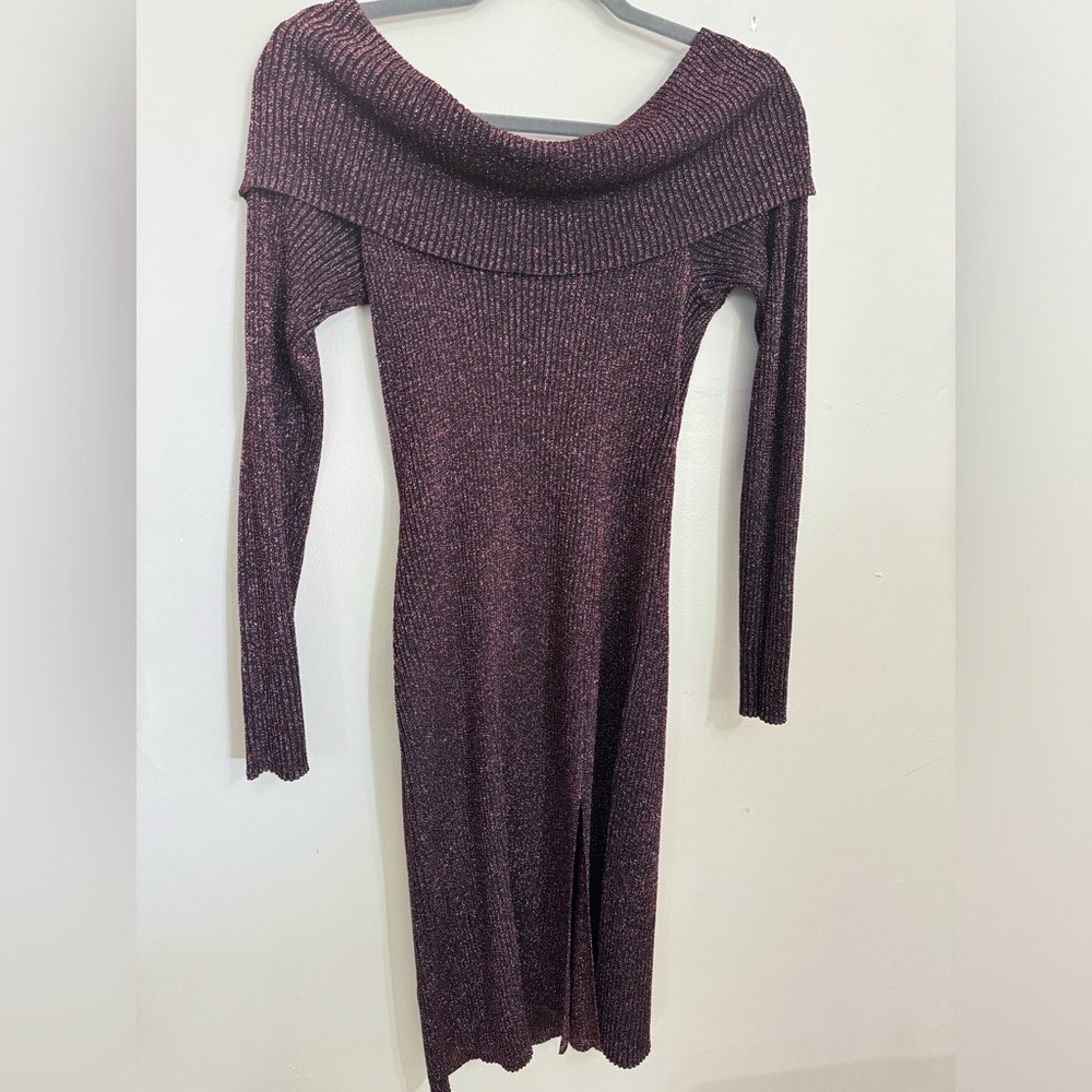 BCBGMaxAzria metallic off the shoulders knit dress/sweater with slit